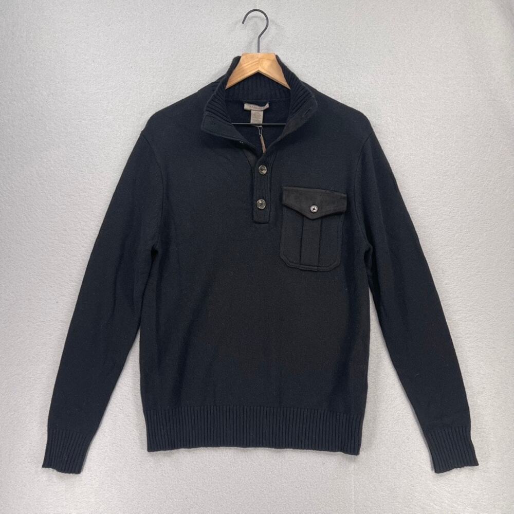 NWT Amicale Sweater Mens Md Black Pullover 1/2 Placket Stand Collar Preppy Basic
